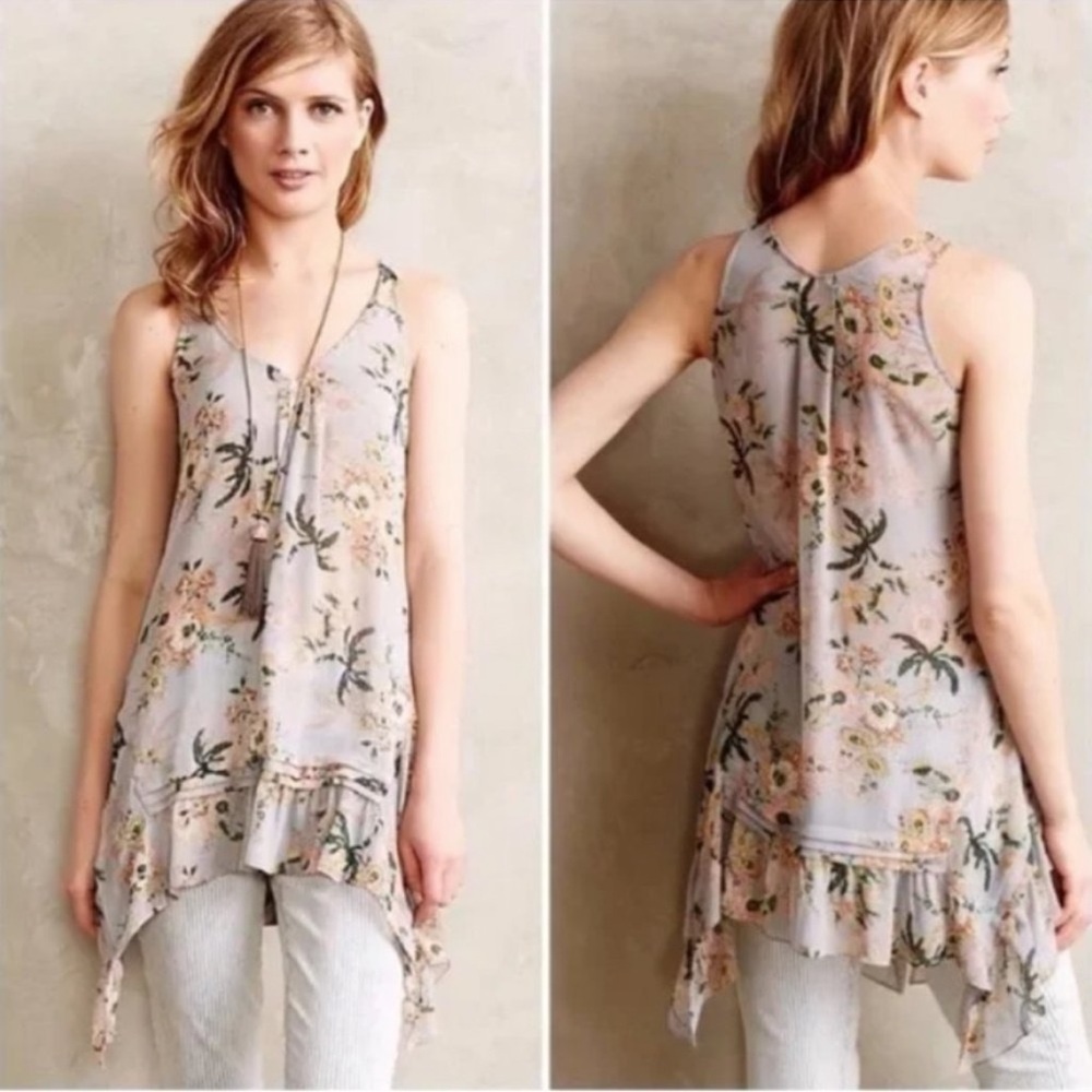 Anthro Maeve Floral Magda Handkerchief Ruffle Tunic Top Small - Picture 3 of 11